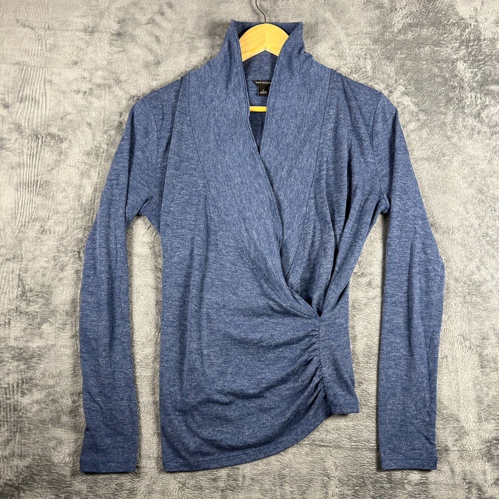 Ann Taylor Wrap Blouse Womens Medium Blue Space Dye Crossover Front Ruched Side